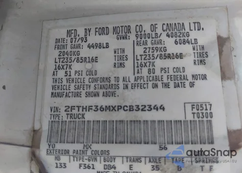 1993 Ford F350 из США, поврежденный, VIN 2FTHF36MXPCB32344